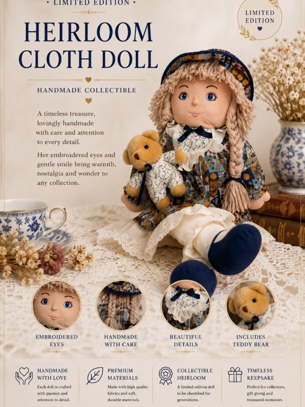Vintage Handmade Cotton Cloth Fabric Cute Baby Doll Toy 30 Inch Embroidered Face
